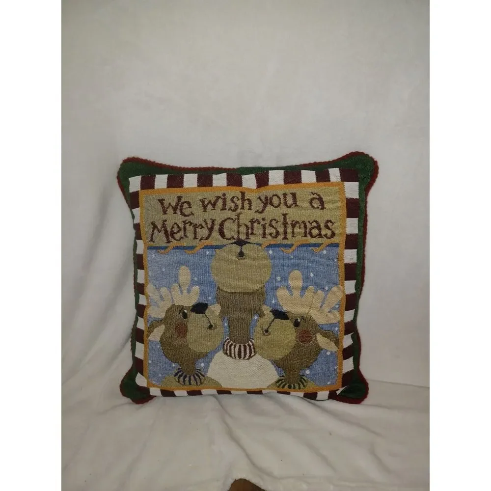 VTG‎ Square Merry Christmas Tapestry Reindeer Pillow Large Approx. 16x16